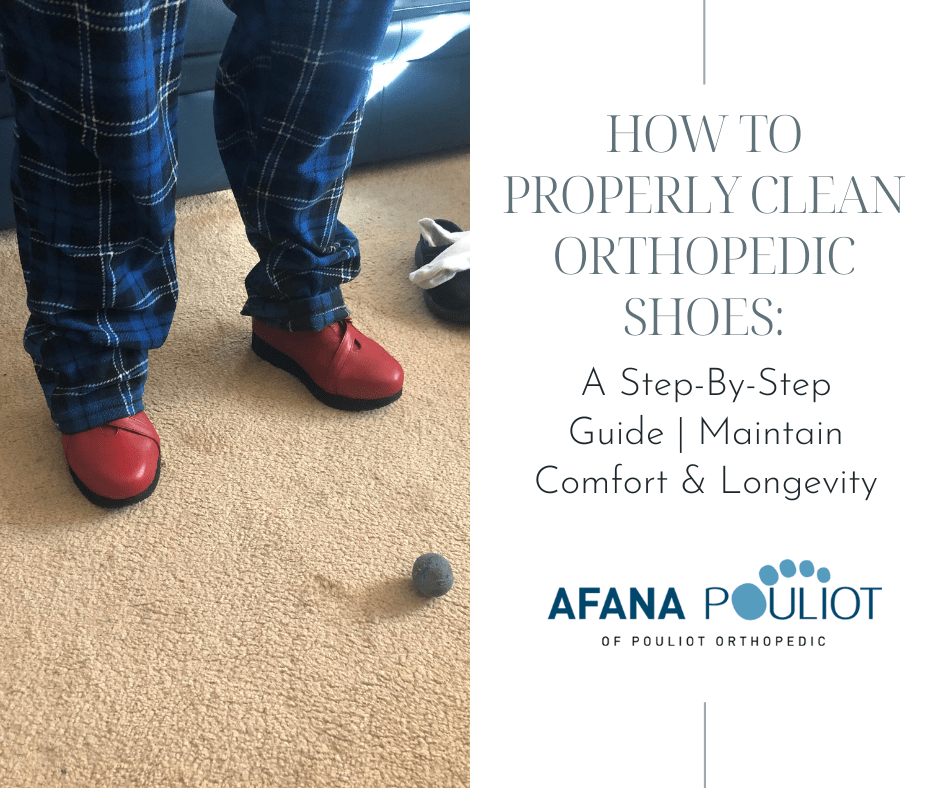 Guide on how to clean orthopedic shoes effectively, featuring cleaning supplies and steps.