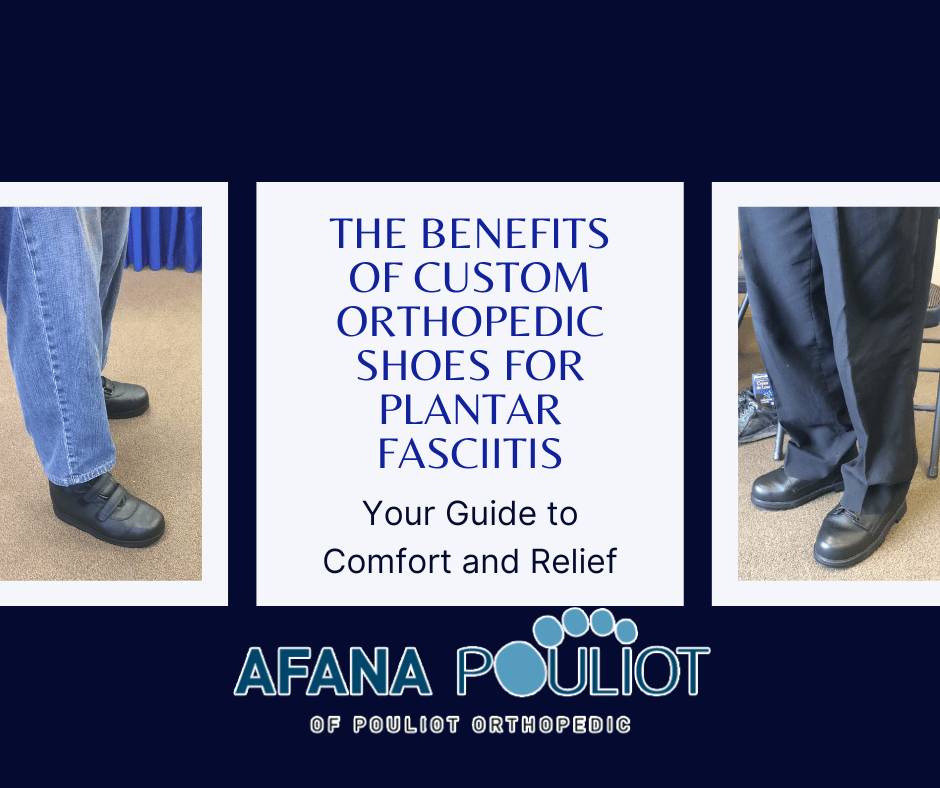 Visual guide showing the benefits and key features of orthopedic shoes designed for plantar fasciitis relief.